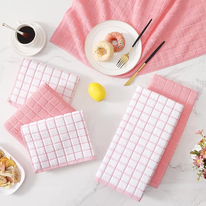 Homaxy Premium Cotton Kitchen Towels 16"x 28", Large Natural Ring Spun 390 GSM Dish Towels, Super Absorbent Terry Kitchen Hand Towels, Soft Tea Towels with Hanging Loop, Pink Check Design, 6 Pack