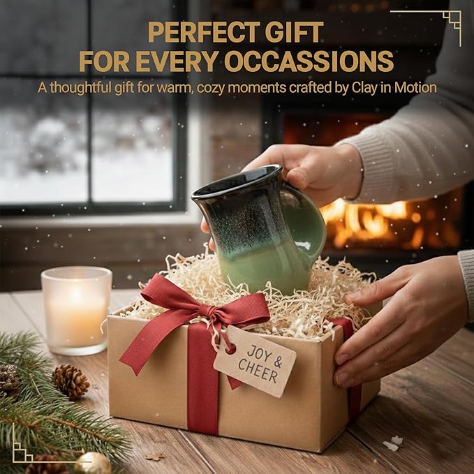Clay in Motion Hand Warmer Coffee Mug – Handmade Coffee Mug With Comfortable Handle Contoured Pocket Hand Warming Ceramic Coffee Mug – Proudly Made in USA – Right Handed – 14 Oz - Midnight Prairie