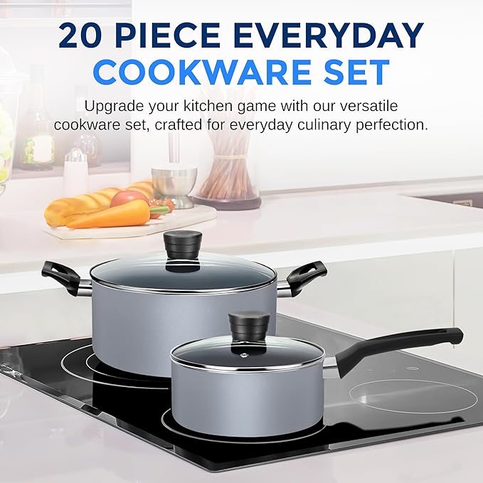 SereneLife Kitchenware Pots & Pans, Basic Kitchen Cookware Set, Black Non-Stick Coating Inside, Heat Resistant Lacquer (20-Piece Set), One Size, Gray