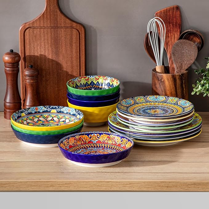 vancasso 16 Pieces Plates and Bowls Set, Bohemian Style Dinnerware Sets Service for 4, Porcelain Boho Dishes Set for Kitchen, Housewaring Gift, Dishwasher and Microwave Safe, Series KRVI