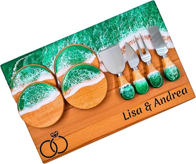 Ocean Resin Personalized Charcuterie Board, Custom Cutting Board, Housewarming Gift for New Home, Closing Gift for Home Buyers, Green Epoxy Board