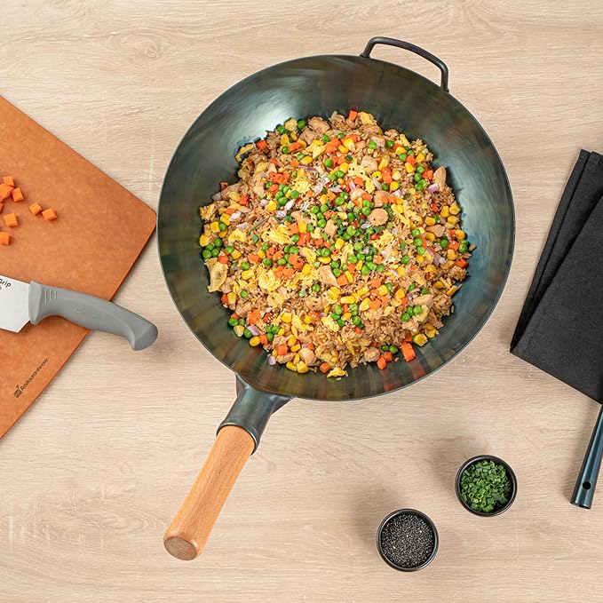 Restaurantware-Motomori 14 Inch Blue Carbon Steel Wok Pan, 1 Traditional Japanese Wok - Flat Bottom, Hand-Hammered, Carbon Steel Traditional Stir Fry Pan, With Wooden Handle