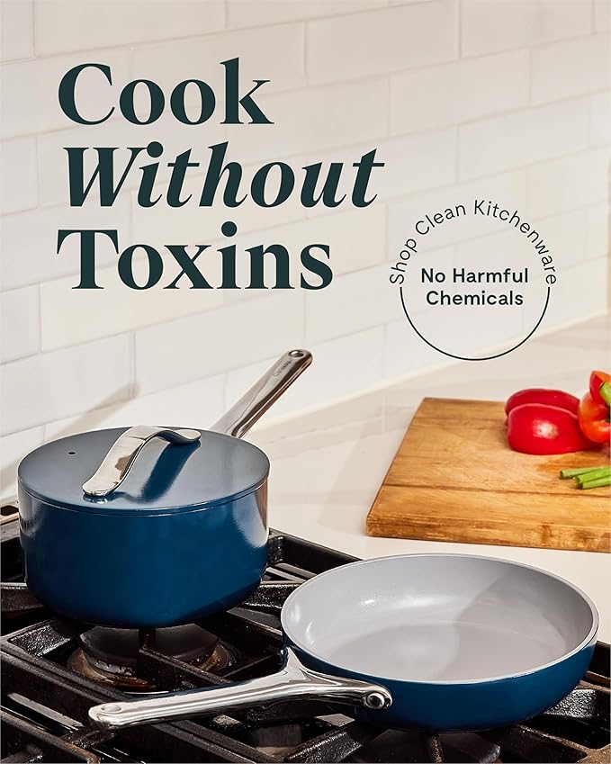 Caraway Mini Cookware Set - Non-Stick Ceramic Fry Pan (1.05 qt, 8") Sauce Pan (1.75 qt) & Storage Rack - Non Toxic, PTFE & PFOA Free - Oven Safe & Stovetop Agnostic (Gas, Electric & Induction) - Sage