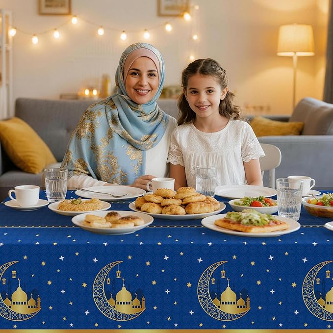Childom 3 Pack Ramadan Mubarak Tablecloths for Eid Mubarak Decorations,54" x 108" Plastic Disposable Ramadan Kareem Table Cloth,Blue Eid al-Fitr Table Covers for Rectangle Tables,Dinner,Party Favors