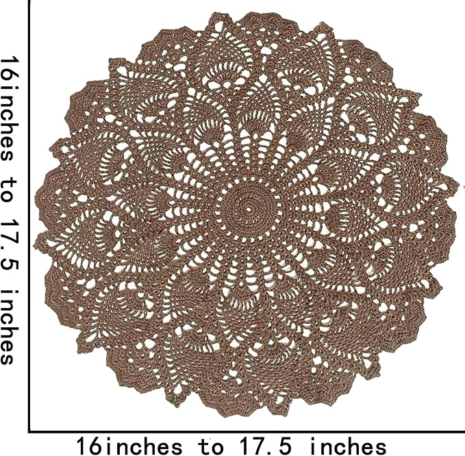 BIBITIME Lace Placemats Table Doilies Round Handmade Crochet Doily Kitchen Coffee Cup Mug Mats Dinner Place Mats (16 to 17.5 inches-1PCS, Coffee)