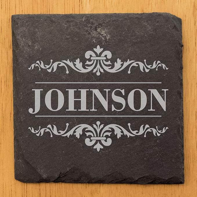 Personalized Monogram Family Coasters, Natural Stone Set, Birthday, Wedding, Customized, Rustic - Square Slate - Set of 6