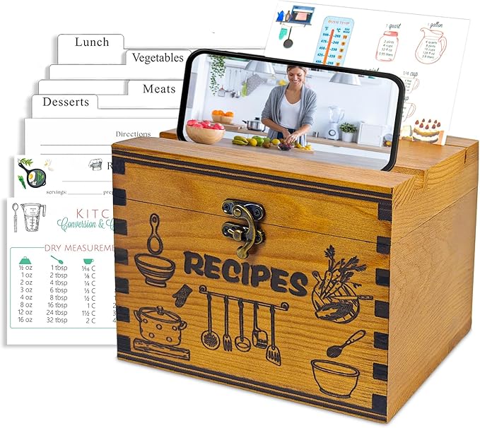 Wooden Recipe Box with Cards and Dividers, 4x6 Recipe Card Box Set, Recipe Organizer with Double Lid Slots (Phone Holder & Recipe Holder)