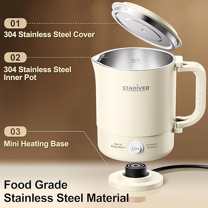 Stariver Portable Travel Kettle, 600ML Small Electric Kettle with Foldable Handle, Food Grade Stainless Steel Collapsible Water Boiler with Dual Modes, Compact Portable Kettle for RV, Camping, Beige