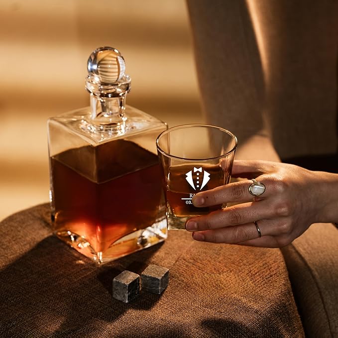 Personalized Engraved Whiskey Glass 10.25 oz – Etched Bourbon Glass with Heavy Base, Old Fashioned Cocktail Glass, Groomsmen & Father’s Day Gift (Whiskey Design 1)