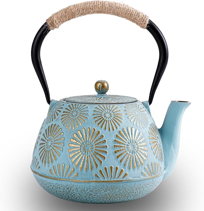 Japanese Tetsubin Cast Iron Teapot, 40oz (1200ml) Enamel-Coated Stovetop Kettle with Stainless Steel Infuser & Heat-Resistant Handle, Traditional Iron Pot for Tea Ceremony (blue and gold)