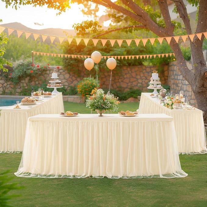 4 Pack 8ft Champagne Tulle Tablecloths for Rectangle Tables, 8 Foot Champagne Rectangular Table Cloth, Wrinkle Free Table Cover with Tutu Skirt for Wedding Birthday Party Banquet Buffet Bridal Shower