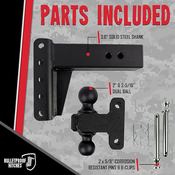 BulletProof Hitches - 3.0" Adjustable Heavy Duty Trailer Hitch (22,000 lb. Rating) - 4" Drop/Rise Trailer Hitch with 2" & 2-5/16" Dual Ball - Powder Coat, Solid Steel, Corrosion-Resistant