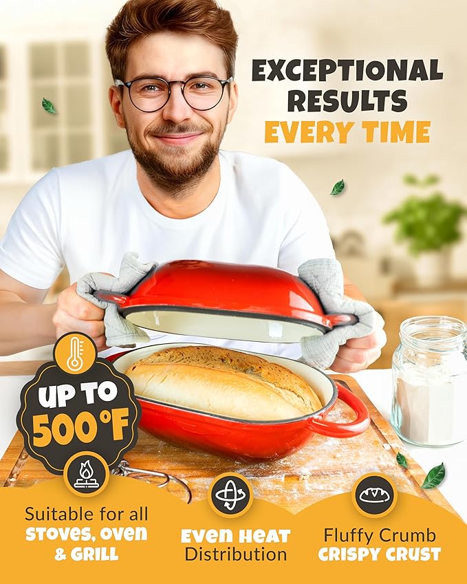 Loaf Pan for Bread Baking - incl. Sourdough Bread-Baking Supplies like Banneton Bread-Proofing Basket - 2QT Enameled Oval Cast Iron Dutch Oven, Bread-Oven, Sour Dough Bread-Banking-Pan Tools