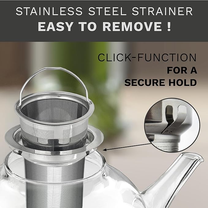 Creano glass teapot 40 oz (1200ml), tea maker with integrated stainless steel infuser and glass lid, ideal for preparing loose teas, drip-free, all-in-one