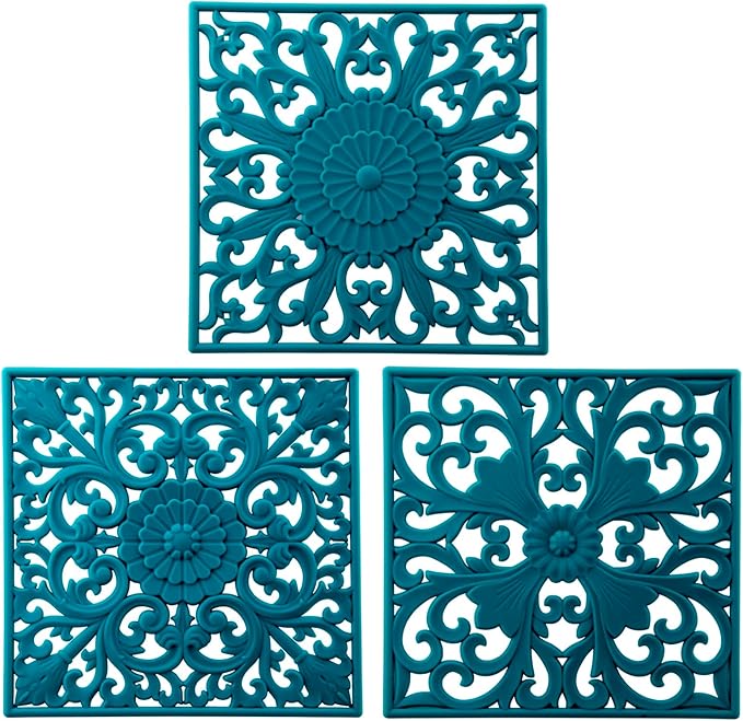 Silicone Trivets for Hot Pots and Pans, Square Hot Pads for Kitchen, Flexible Silicone Pot Holders for Table, Non-Slip Heat Resistant Trivets for Dishes, Silicon Trivet Mat Set 3 Teal