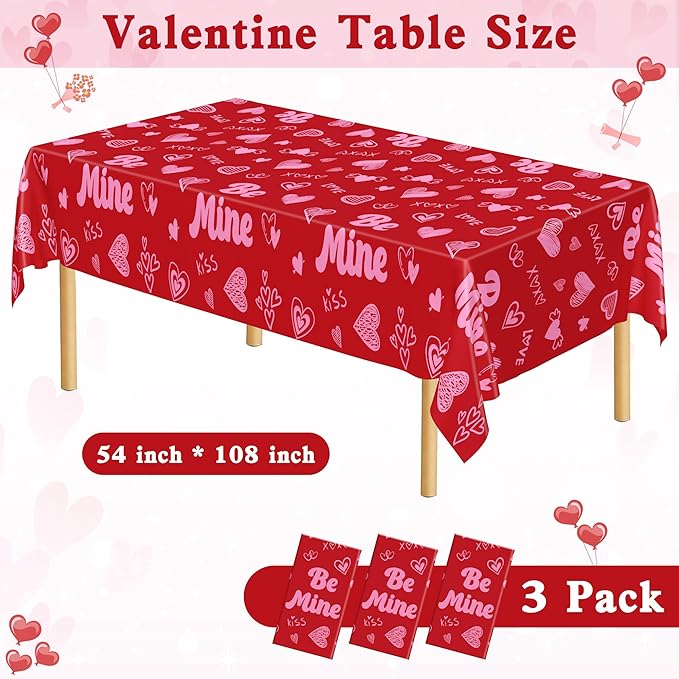 QZYL 3 Pcs Valentines Decorations, 108" X 54" Plastic Valentines Tablecloth, Disposable Love Tablecloth, Pink Table Cloth Rectangle Valentine's Party Favors, Heart Table Cover for Love Wedding Party