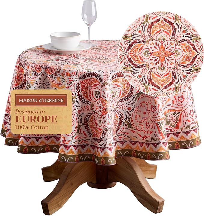 Maison d' Hermine Table Cloth Round Table 100% Cotton 63 Inches Fall Tablecloth Reusable Everyday Use for Thanksgiving Christmas Decorations Dining Farmhouse Party (Damask)