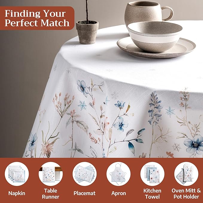 Maison d' Hermine Table Cloth Round Table 100% Cotton 63 Inches Fall Tablecloth Reusable Everyday Use for Thanksgiving Christmas Decorations Dining Farmhouse Party (Ice Florals)