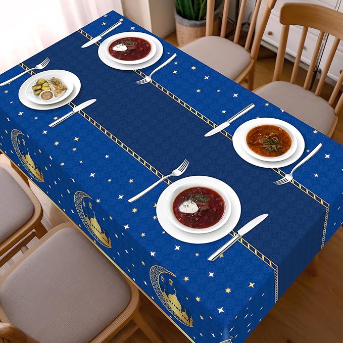 Childom 3 Pack Ramadan Mubarak Tablecloths for Eid Mubarak Decorations,54" x 108" Plastic Disposable Ramadan Kareem Table Cloth,Blue Eid al-Fitr Table Covers for Rectangle Tables,Dinner,Party Favors