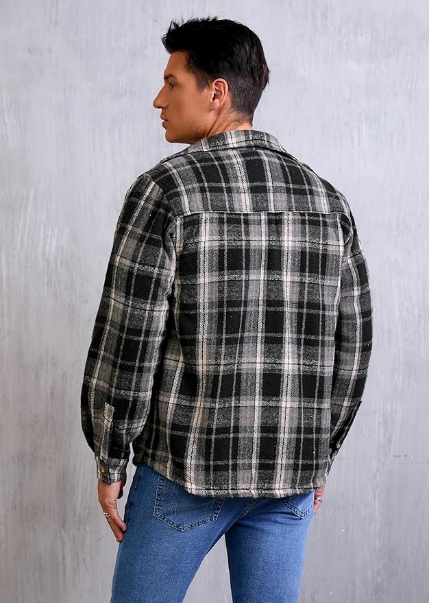 Men's Cotton Sherpa Lined Button Down Flannel Shirt Jacket Plaid Soft Outdoor Flannel Jacket Shirt