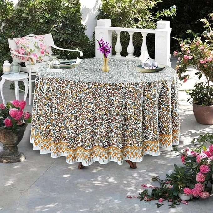 Ridhi Block Print Round Goldenrod Yellow Reusable Tablecloth 100% Cotton 120" Inch Decorative Table Cover eveyday Dining, Home, Party, Wedding, Farmhouse Gift for Spring, Easter, Valentine