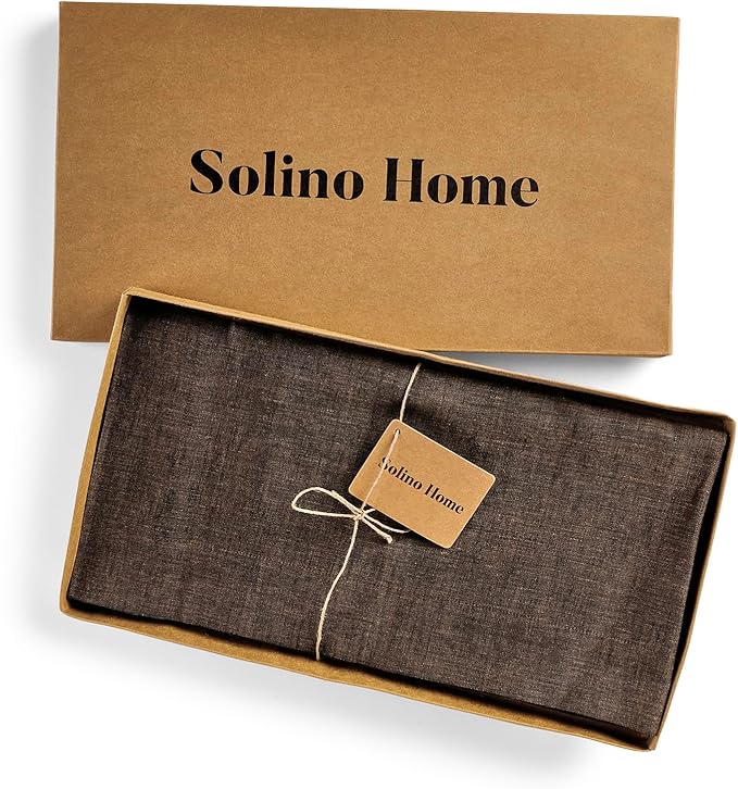 Solino Home Linen Tablecloth 60 x 120 Inch - 100% Pure Linen Chambray Brown Table Cloth for Rectangle Tables - Athena, Machine Washable Tablecloth
