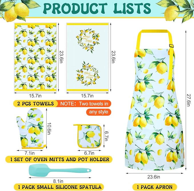 Hoolerry 6 Pcs Kitchen Apron Dish Towels Oven Mitts and Pot Holders with Spatula for Women Wife Grandma Cooking Baking Gifts