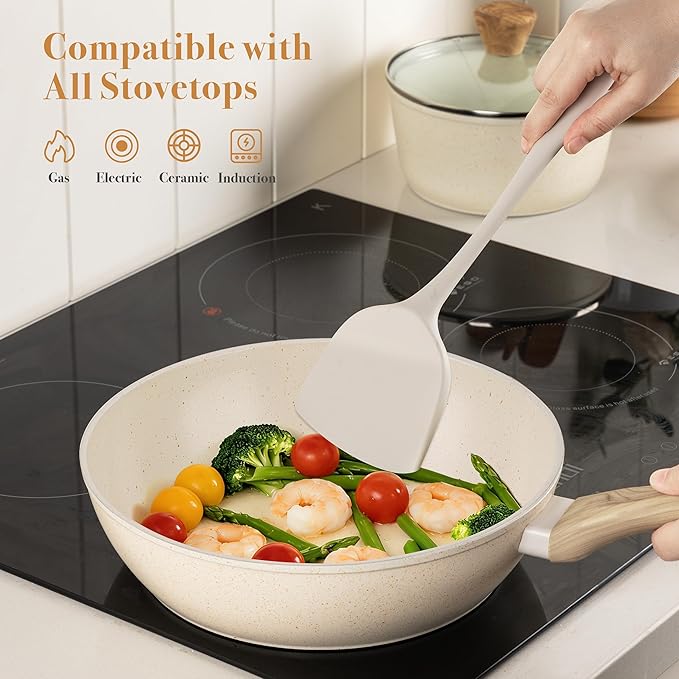 PekGema 14 Pcs Ceramic Cookware Sets, Pots and Pans Set Nonstick, Non Toxic Healthy Non stick Kitchen Cooking Set, Induction Cookware with Frying Pan Set, PFAS PTFE PFOA FREE, White