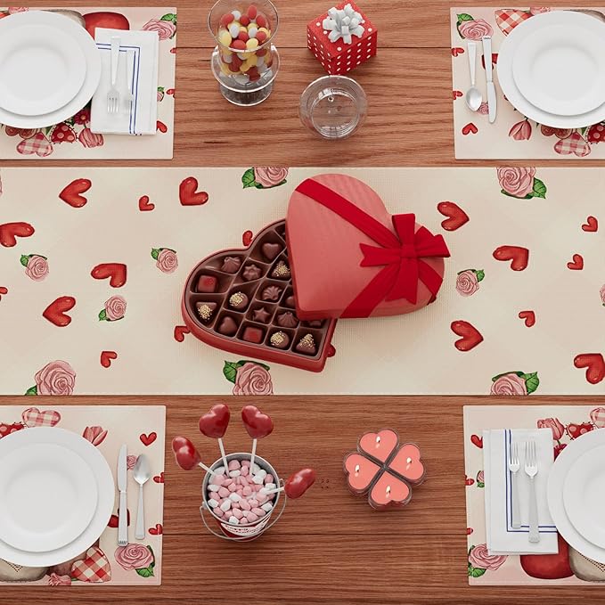 XCHI Roses Flowers Love Hearts Vase Valentine’s Day Table Runner Table Decoration for Party Home Kitchen Dining Dinner Holiday Decor 13x120 Inch