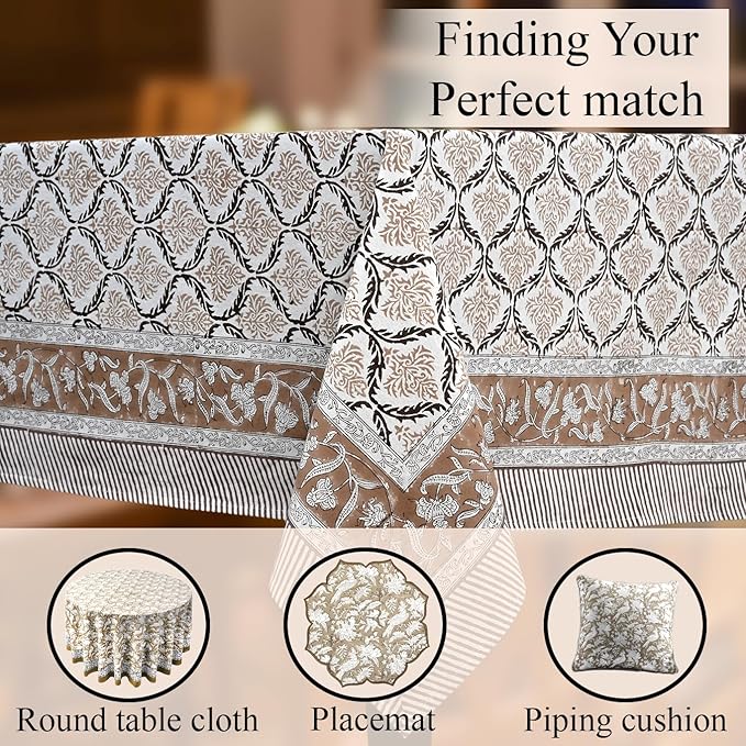 CPC Sandstone Regal Tablecloth 100% Cotton 70x118 Inch Indian Block Print Rectangle Table Cover, Table Cloth for Gifting in Weddings, Halloween, Fall, Christmas, Thanksgiving
