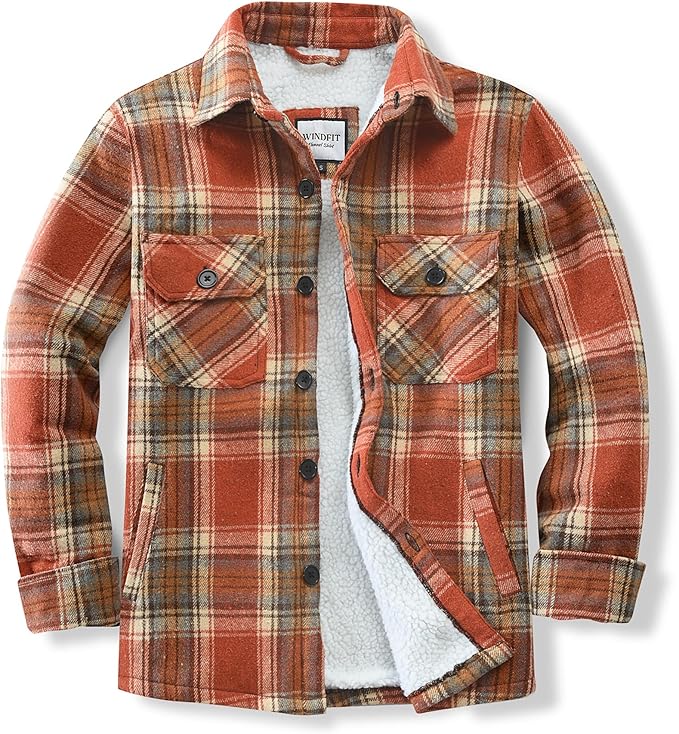 Men's Cotton Sherpa Lined Button Down Flannel Shirt Jacket Plaid Soft Outdoor Flannel Jacket Shirt