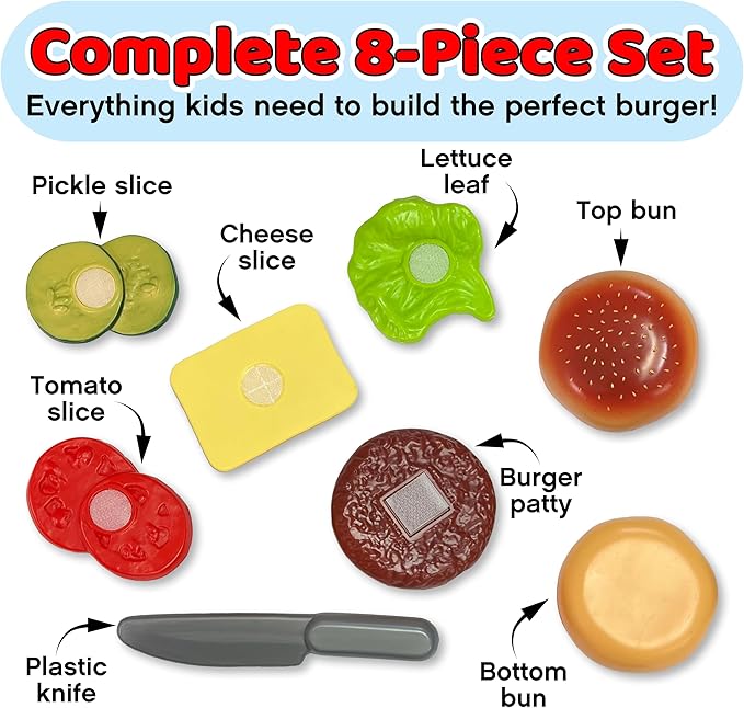 Small World Toys Build-A-Burger Play Food Set – Pretend Play Food Set for Kids – Toy Kitchen Accessories Pretend Food Burger Toy Hamburger – Birthday Gift for Kids 3+