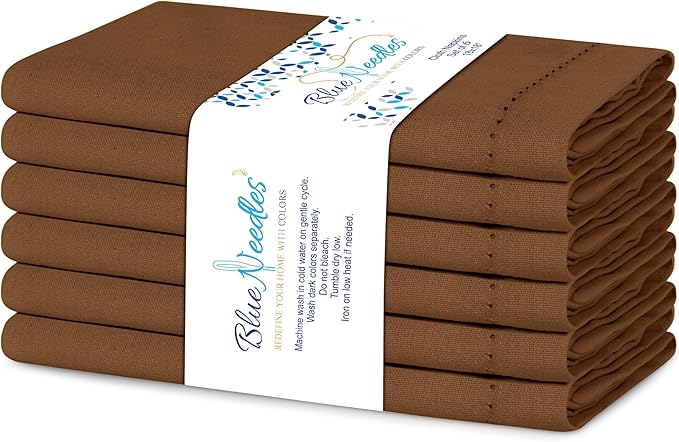 Blue Needles Set of 6 Hemstitch Linen Napkins 100% Cotton Nut Brown Cloth Dinner Napkins 18x18 inches, Soft, Reusable, Absorbent, Washable, Ideal for Wedding Events, Parties & Everyday Use
