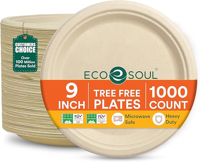 ECO SOUL Compostable 9 Inch(1000-Pack) Biodegradable Heavy-Duty Disposable Eco-Friendly Paper Plates for Dinner & Parties, Wedding, Event