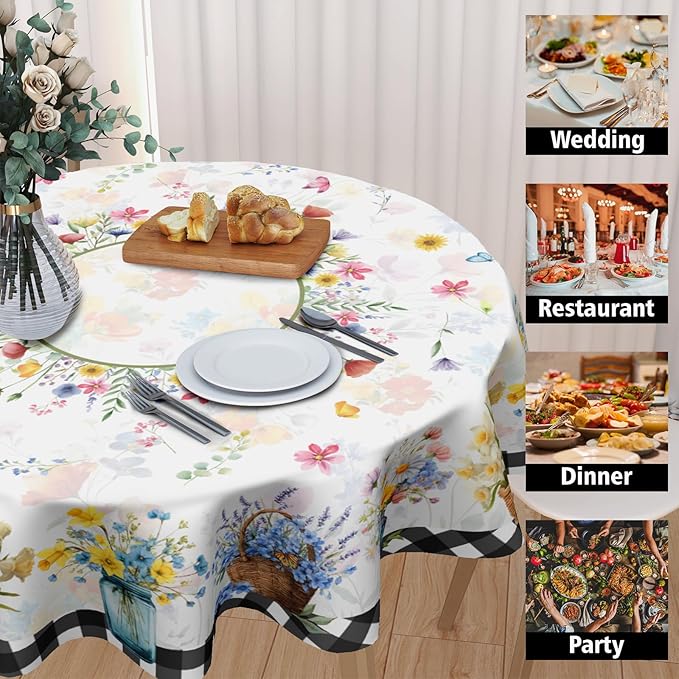 Spring Floral Round Tablecloth 60 Inch Summer Flower Vase Buffalo Plaid Circle Table Cloth Seasonal Holiday Rustic Easter Table Cover for Party Kitchen Dinner Home Decor