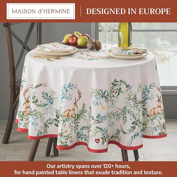 Maison d' Hermine Table Cloth Round Table 100% Cotton 69 Inches Fall Tablecloth Reusable Everyday Use for Thanksgiving Christmas Decorations Dining Farmhouse Party (Holly Time)