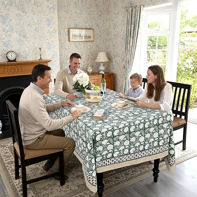 Ridhi -Turquoise Moss Green Cotton Tablecloth, Handblock Print Floral Table Cloth for Kitchen Dining Linen I Thanksgiving, Christmas, Wedding, Fall Décor 4 Seater 60x60 Inches Square