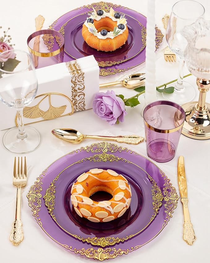 Nervure 175PCS Clear Purple Plastic Plates - Purple Party Plates Set for 25 Guests Include 25Dinner Plate, 25Dessert Plate, 25Cups, 75 Cutlery, 25Napkins Perfect for Wedding, Party & Bridal