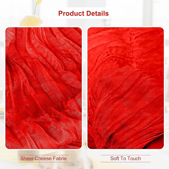 6 Pack Red Cheesecloth Table Runner 35x120 Inch 10Ft Rustic Gauze Cheese Cloth Table Runner Sheer Cheesecloth Table Runners for Wedding Party Bridal Shower Decoration