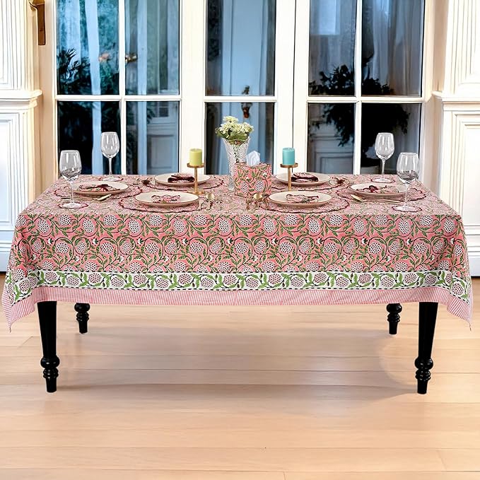 Ridhi Hand Block Print Strawberry Pink Rectangle Cotton Tablecloth 120" x 80" Reusable Table Cover Decorative Everyday Use for Dining, Farmhouse, Home Gift for Spring, Easter, Valentine