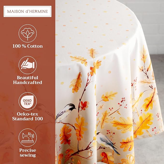 Maison d' Hermine Table Cloth Round Table 100% Cotton 69 Inches Fall Tablecloth Reusable Everyday Use for Thanksgiving Christmas Decorations Dining Farmhouse Party (Oak Leaves)
