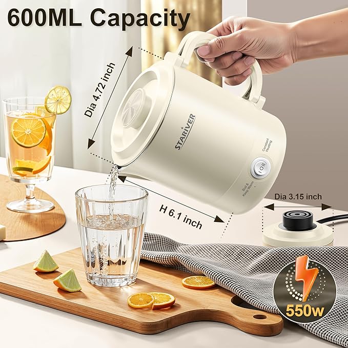 Stariver Portable Travel Kettle, 600ML Small Electric Kettle with Foldable Handle, Food Grade Stainless Steel Collapsible Water Boiler with Dual Modes, Compact Portable Kettle for RV, Camping, Beige