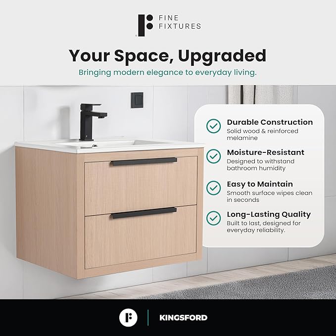 Fine Fixtures Kingsford Modern 24 Inch Bathroom Vanity with Sink, White Oak Finish, Elegant Bathroom Vanities for Modern Homes, Stylish Storage Solutions for Bathrooms