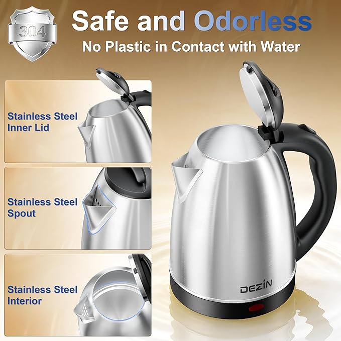 DEZIN Electric Kettle Upgraded, BPA Free 2L Stainless Steel Tea Kettle, Fast Boil Water Warmer with Auto Shut Off and Boil Dry Protection Tech for Coffee, Tea, Beverages