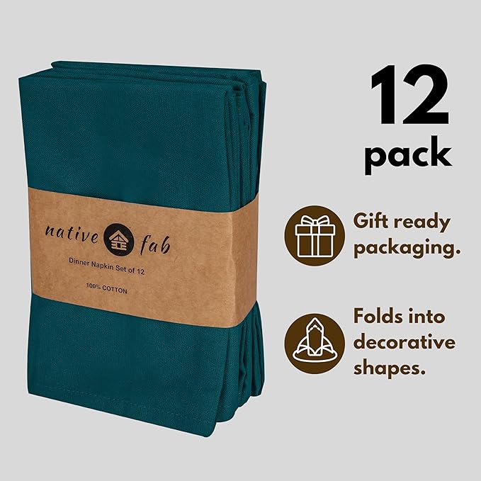 Native Fab Cloth Napkin Set of 12, 100% Cotton, Washable, Reusable Dinner Cloth Napkin 17x17 inches, Table Decor Napkins for Dinner, Events, Teal Green