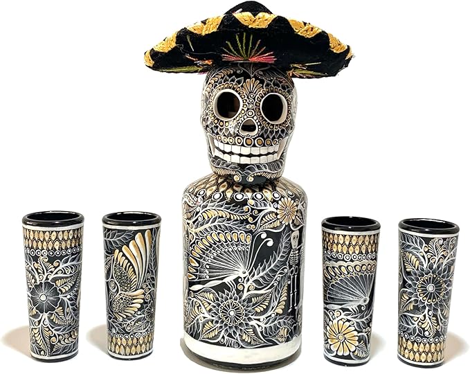 Hand-painted Decanter Set with Shot Glasses and Mexican Sombrero, Personalized Tequila Decanter, Tequila Gift (Special Edition Set)