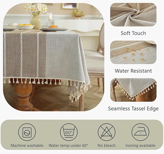 Alsoo Table Cloth Rectangle Table Rustic Waterproof Tablecloth Cotton Linen Wrinkle Free Spring Tables Cloths for Parties, Kitchen Dining, Holiday, Outdoor (Coffee Lines, 4-6 Seats, 55x75 Inches)