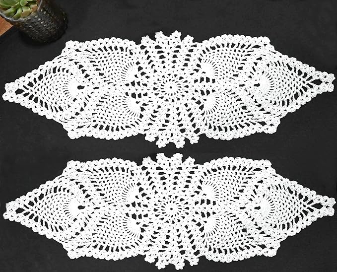 BIBITIME 2PCS 7 in x 21 in Crochet Lace Doilies Eyes Flower Doily Kitchen Table Coasters Vase Place Mats White Tablecloth Table Runner