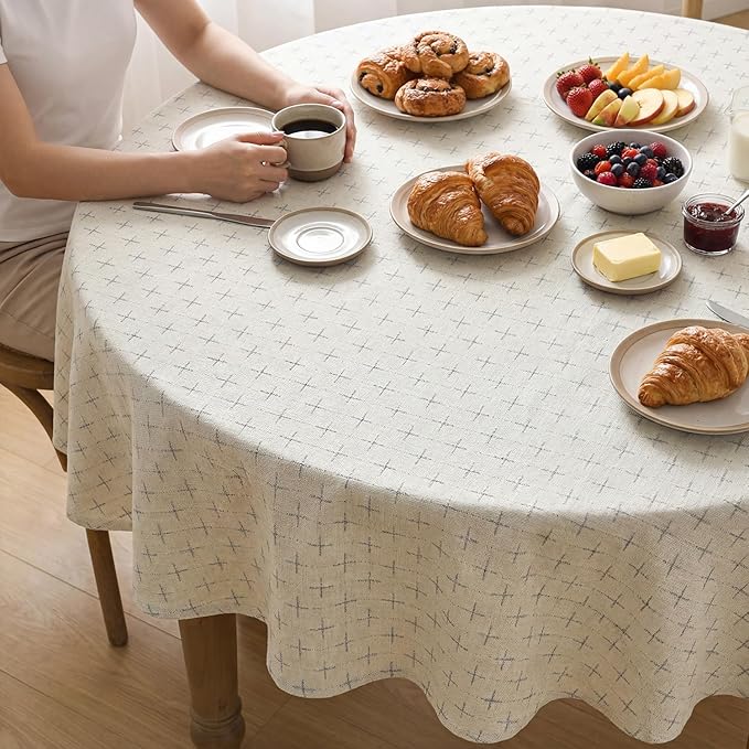 Horaldaily White Round Table Cloth, Cross-Star Solid Textured Embroidery Tablecloth, Wrinkle Free Washable 60×60 Inch Table Cover for Kitchen, Party, Wedding, Picnic, Outdoor