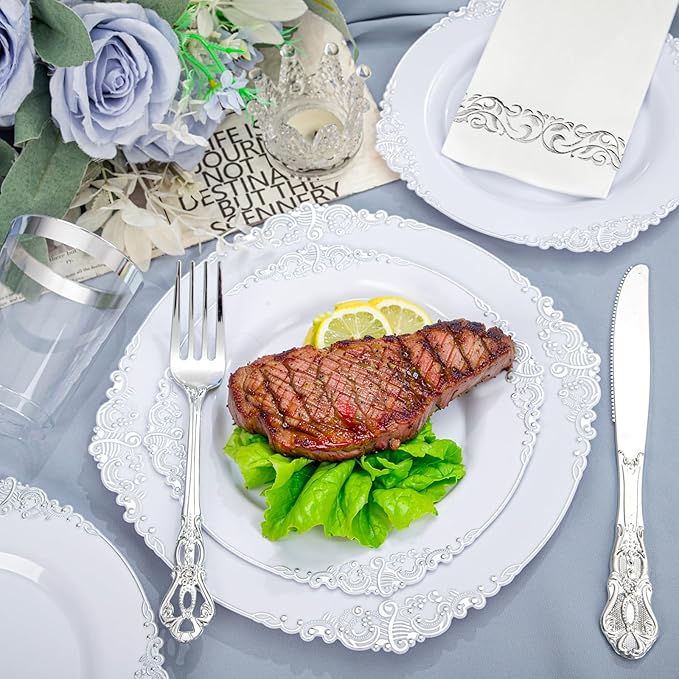 YOUBET 700PCS Silver Plastic Plates - White and Silver Disposable Plates - Silvery Plastic Dinnerware Set - Include 200 Plates, 300 Heavy Duty Silverware, 100 Cups and 100 Napkins for Wedding & Party